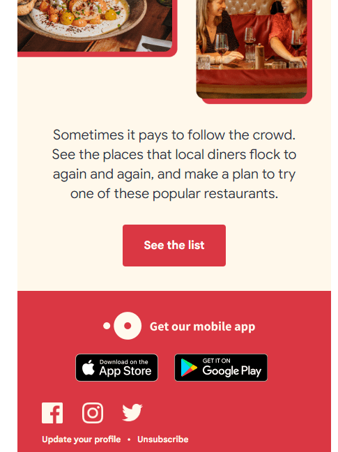 OpenTable email example with call to action