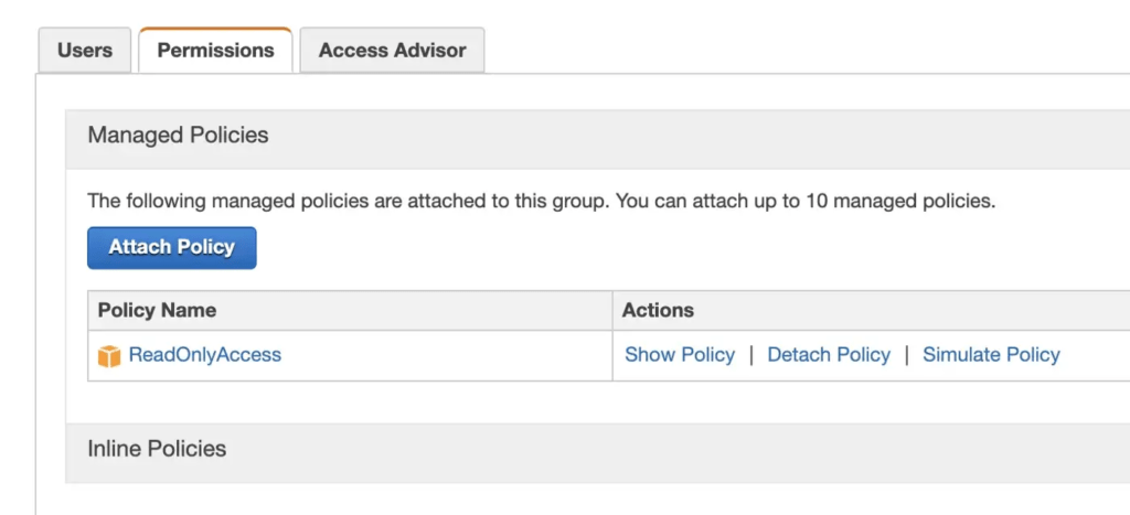 Screenshot of the Permissions tab under the Group details within the AWS console.