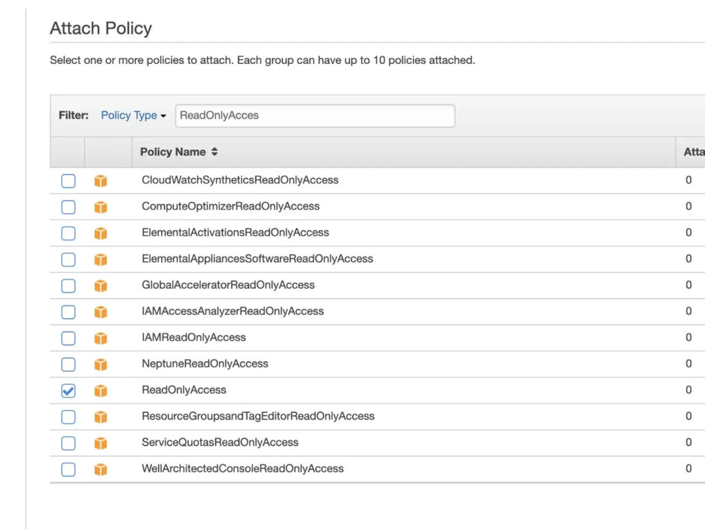 Screenshot of the Attach Policy screen within the AWS console.