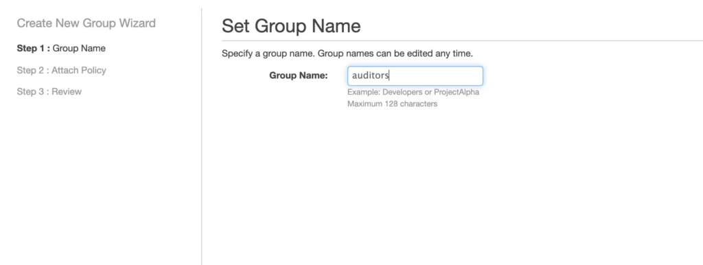 Screenshot of the Set Group Name screen within the AWS console.