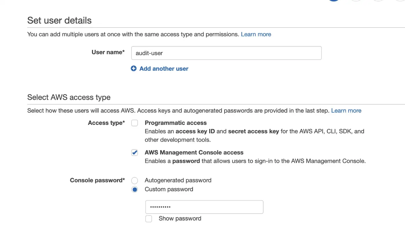 Screenshot of creating a new users within the AWS console
