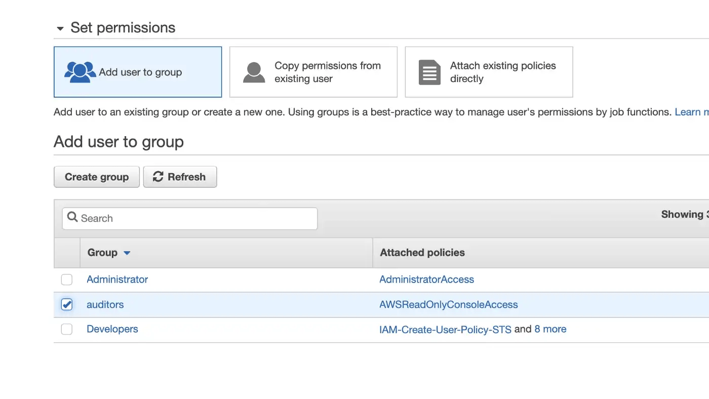 Screenshot of Assigning new user to Group policy through AWS console