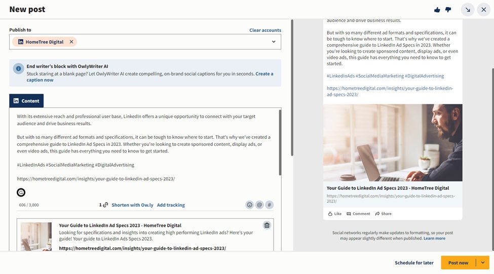 Hootsuite social post preview for UTM parameters