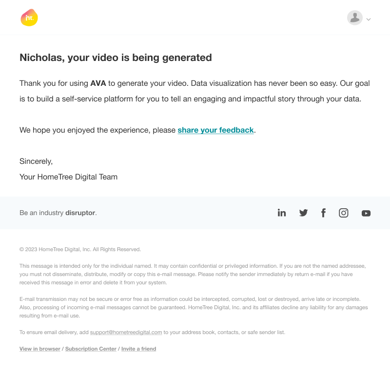 Your Data Visualization video is being generated email