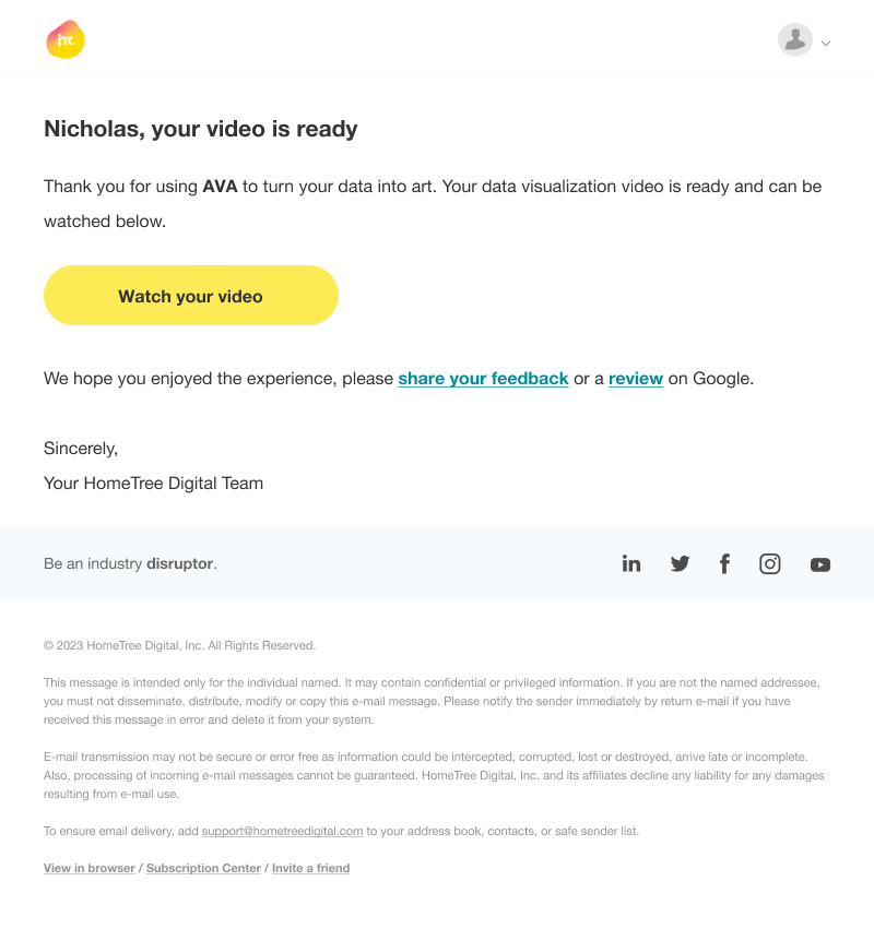 Your Data Visualization video is ready email