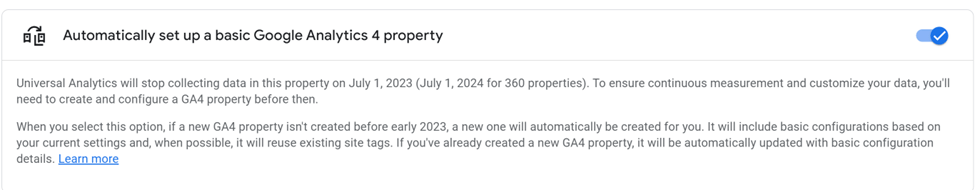 Google Analytics 4  property setup notification
