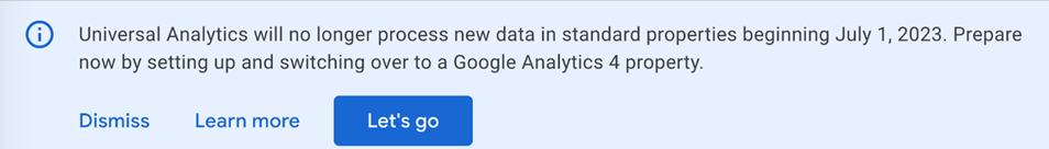 Change from Universal Analytics to Google Analytics 4 notification 