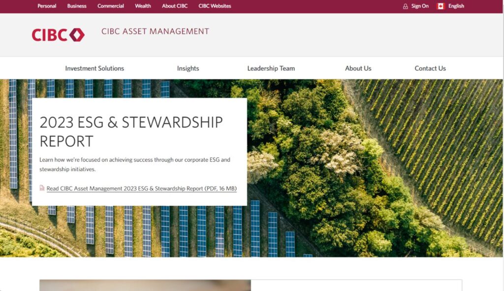 Screenshot of CIBC asset management website