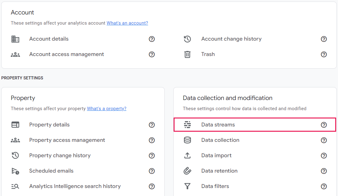 Screenshot of Google Analytics 4 , highlighting the Datastreams section.
