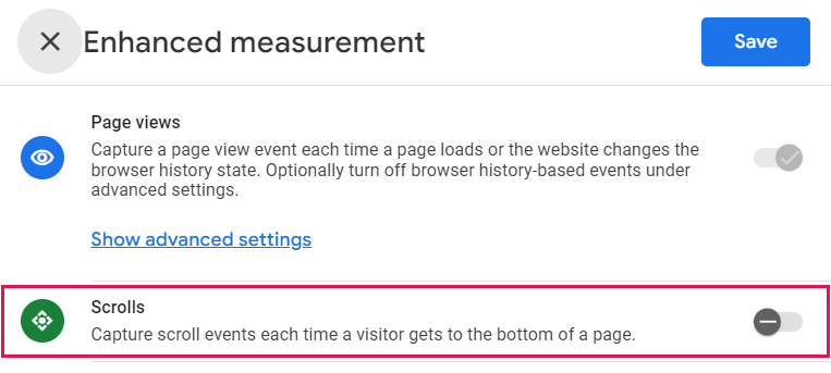 Screenshot of Google Analytics 4, highlighting the Scrolls section.