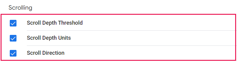 Screenshot showing the Scrolling options for Google Analytics 4