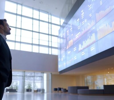 Businessman in front of screen