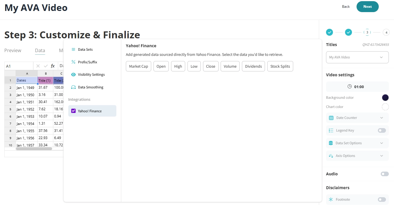 Yahoo Finance integration in the AVA interface.