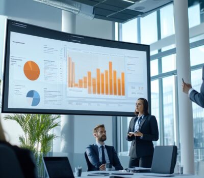 Image of a man dressed in business attire presenting data visualizations to a group.