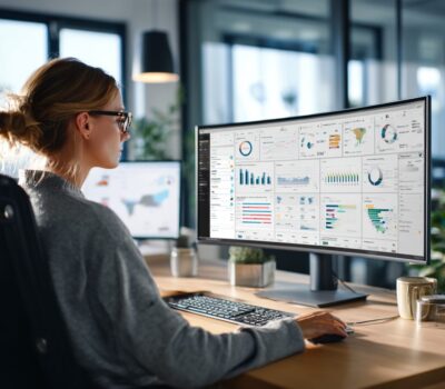 financial professional analyzing data at her desk